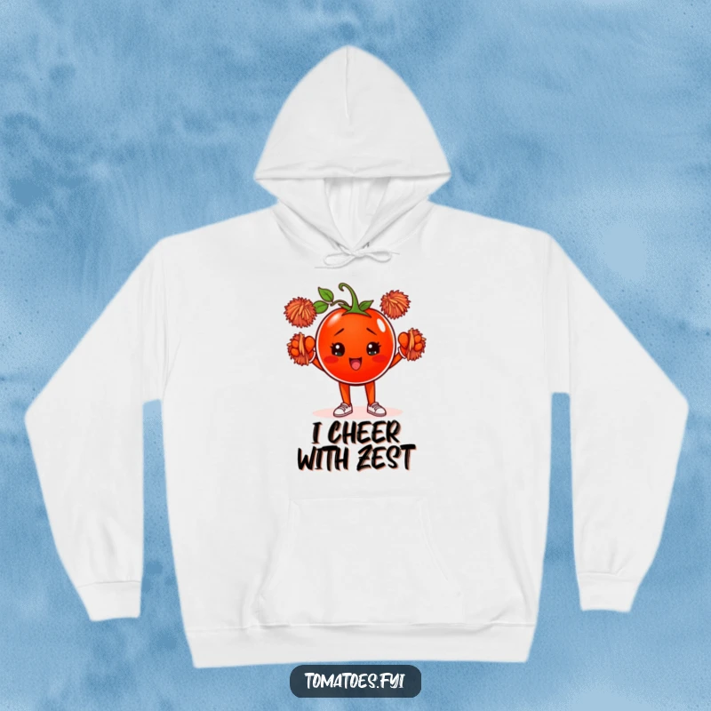 Funny hoodie featuring a determined tomato character cheering with pom-poms, offering cozy comfort and a humorous, spirited design.
