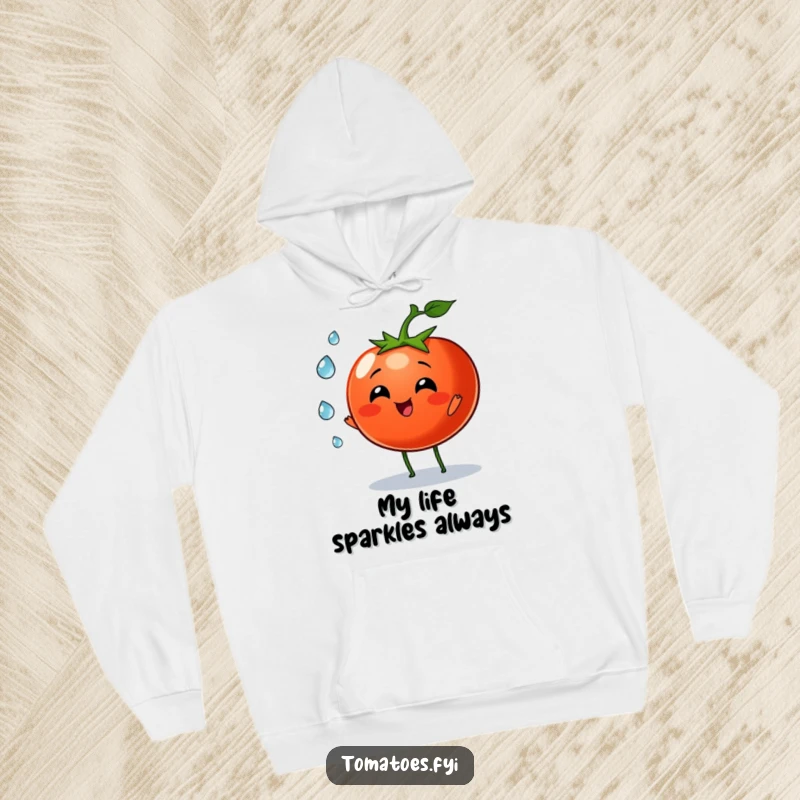 Funny tomato character joyfully juggling three tiny dew drops on this cozy hoodie, a truly magical design.
