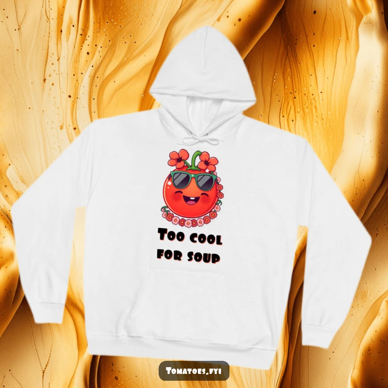 Funny tomato hoodie featuring a smiling tomato with sunglasses and a lei, offering warmth and a dose of tropical humor.