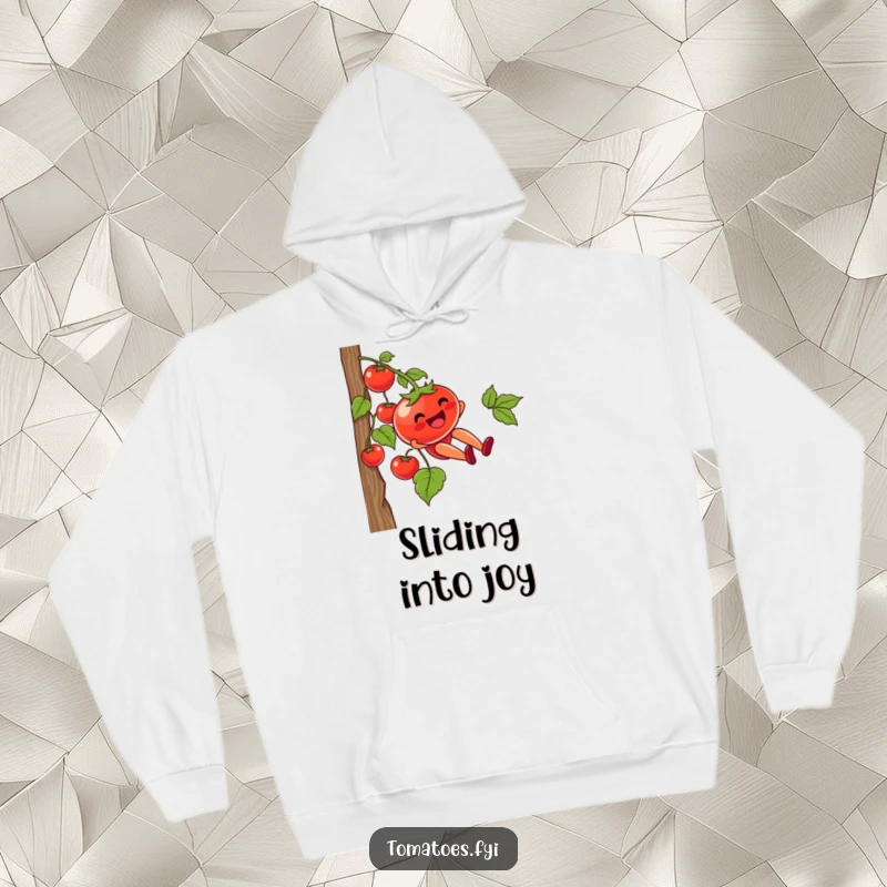 Funny hoodie featuring a tomato character joyfully sliding down a vine, combining cozy comfort with a humorous and adventurous design.