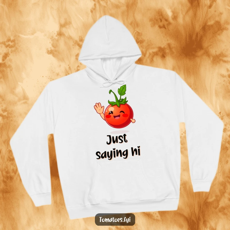 Funny hoodie featuring a smiling tomato character giving a friendly wave, combining cozy comfort with a humorous and welcoming design.