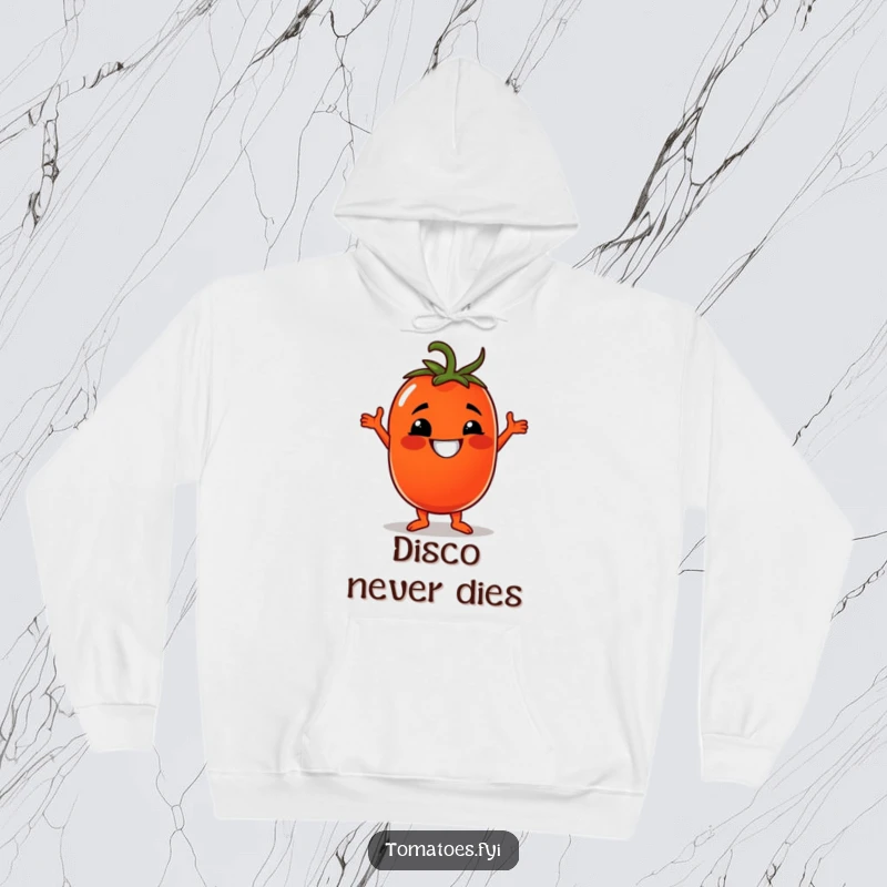 Funny hoodie featuring a grinning tomato character doing a disco dance, perfect for staying warm and grooving.