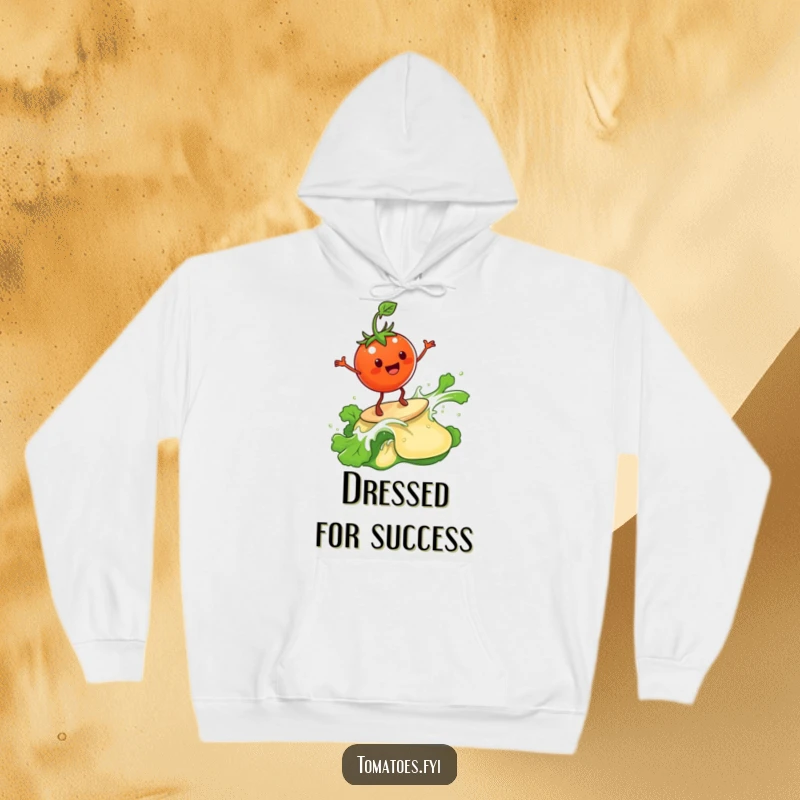 Funny Hoodie: A tomato surfs a wave of salad dressing. A funny gift.