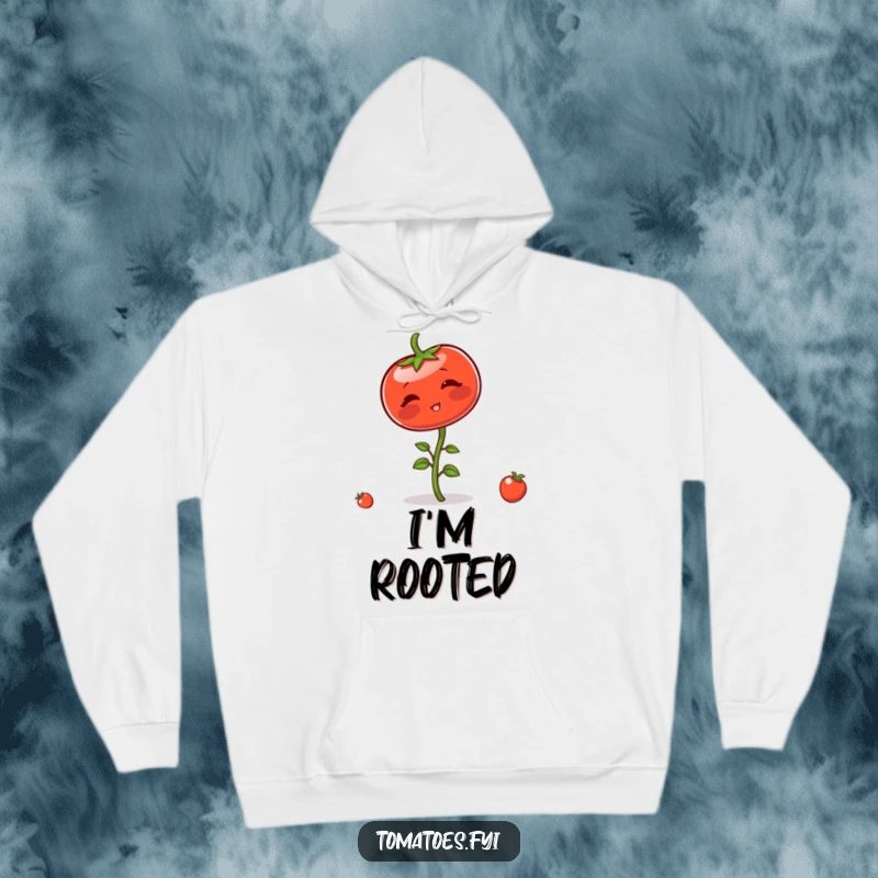 Funny hoodie featuring a blushing tomato character comically trying to stay balanced on its stem, radiating cute awkwardness and warmth.