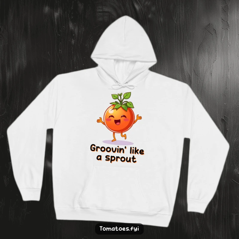 Funny cheerful tomato character doing a happy jig with leafy green sprouts, on a warm and funny hoodie.