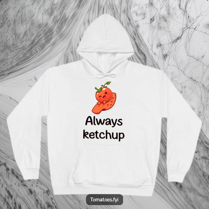 Funny tomato character hoodie, caught mid-slide on a tomato slice, radiating infectious laughter and warmth.