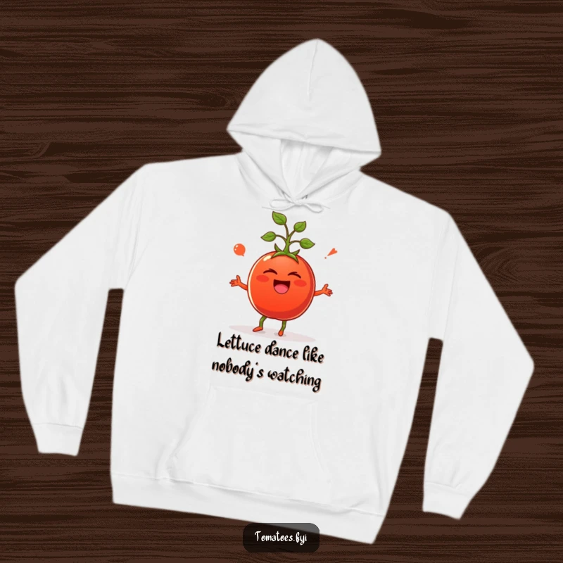 Funny hoodie featuring a giggling tomato in a hilarious, energetic silly dance pose, perfect for cozy laughs.