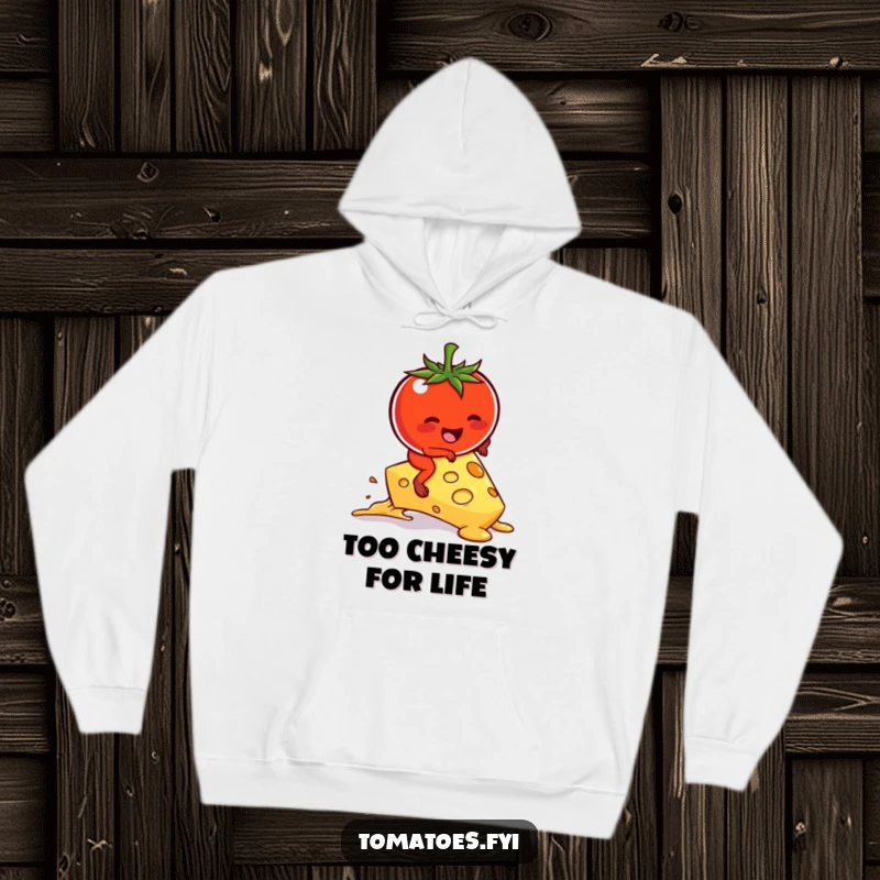 Funny kawaii tomato character hilariously riding a melting cheese slice on a cozy hoodie.