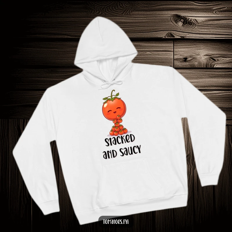 Funny hoodie featuring a winking tomato character balancing tiny tomatoes, perfect for cozy days and foodie humor.
