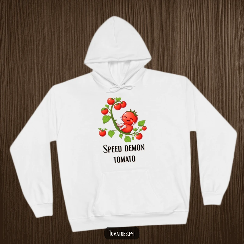 Funny winking tomato character sliding down a tomato vine, featured on a cozy and hilarious hoodie.