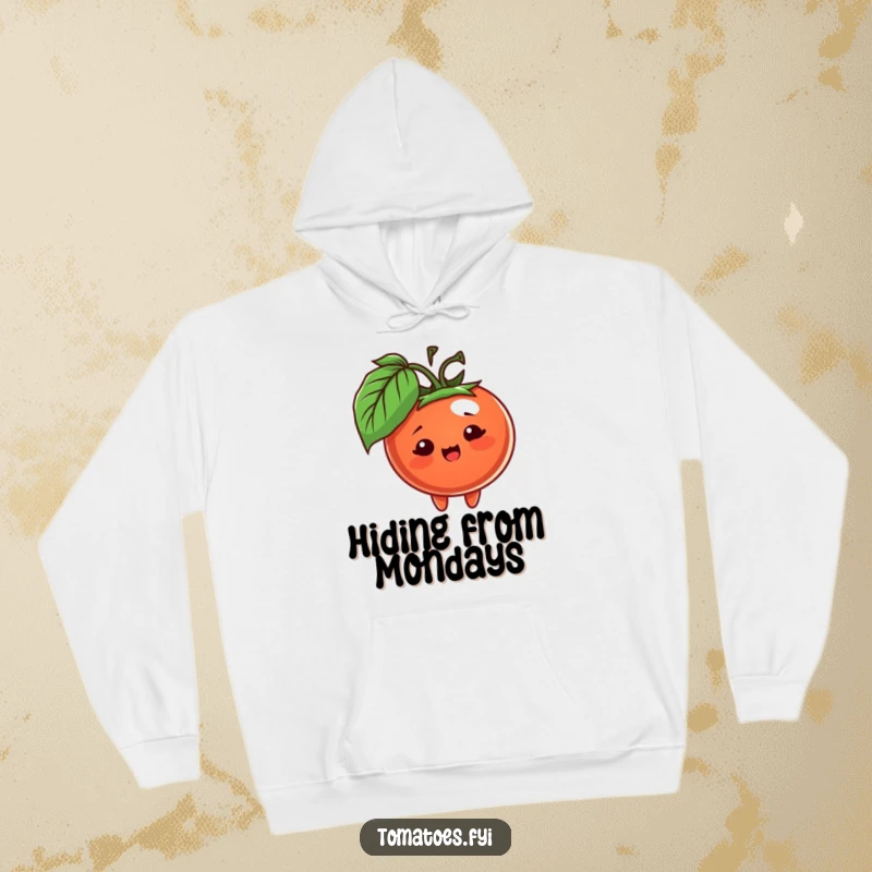 Funny hoodie depicting a cheerful tomato character peeking out from behind a leaf, offering comfort and a hint of playful secrecy.