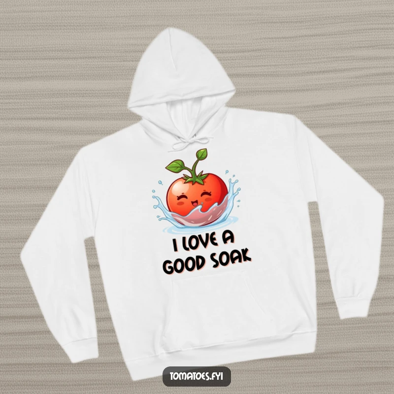 Funny hoodie showcasing a delighted tomato character mid-splash in water, embodying playful energy and fun.