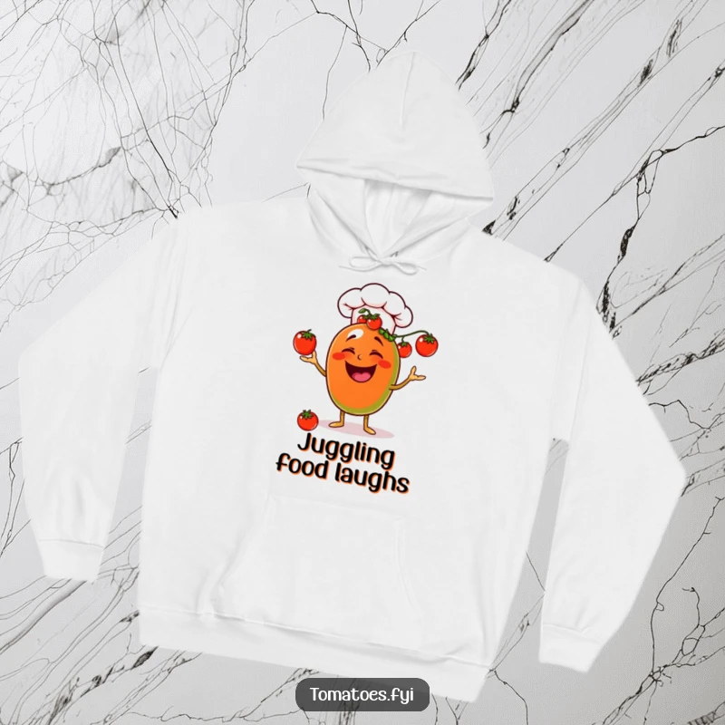Funny laughing chef tomato hoodie, juggling cherry tomatoes with a chef hat, warm and humorous clothing.
