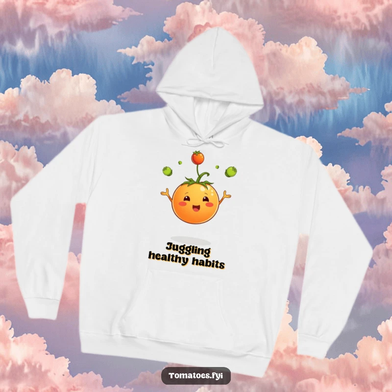 Funny hoodie showcasing a jubilant tomato character adeptly juggling small green sprouts, radiating warmth and botanical delight.