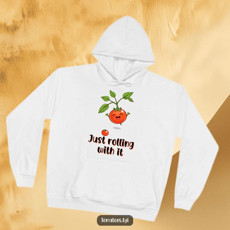 Funny Jovial Tomato Hoodie: A comfortable hoodie featuring a happy tomato character in a joyful spinning motion.
