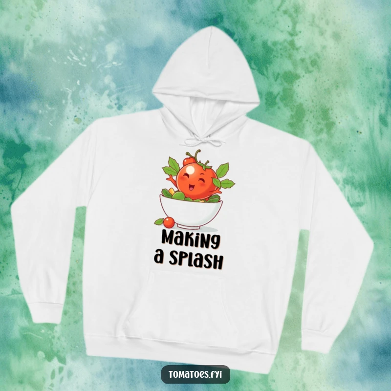 Funny hoodie featuring a winking tomato character doing a cool dive into a salad bowl, perfect for cool and cozy wear.