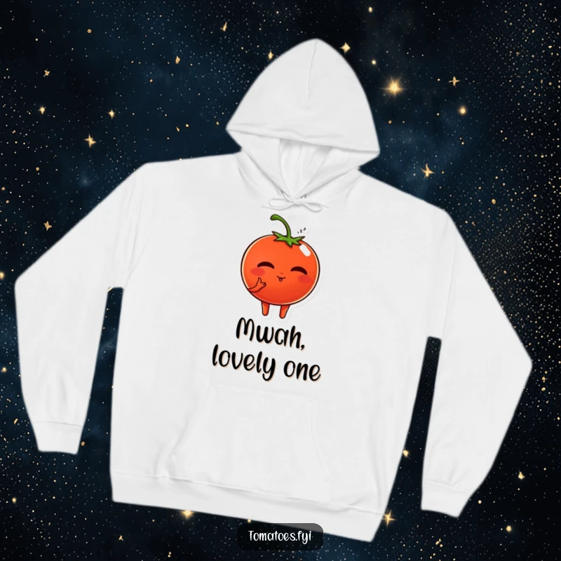 Funny hoodie features a sweet tomato character blowing a kiss, offering warmth and a charming expression of love.