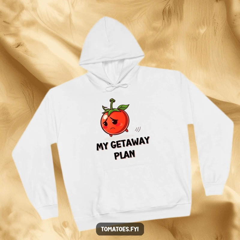 Funny hoodie featuring a worried tomato character rolling away, perfect for cozy wear and humorous reflection.