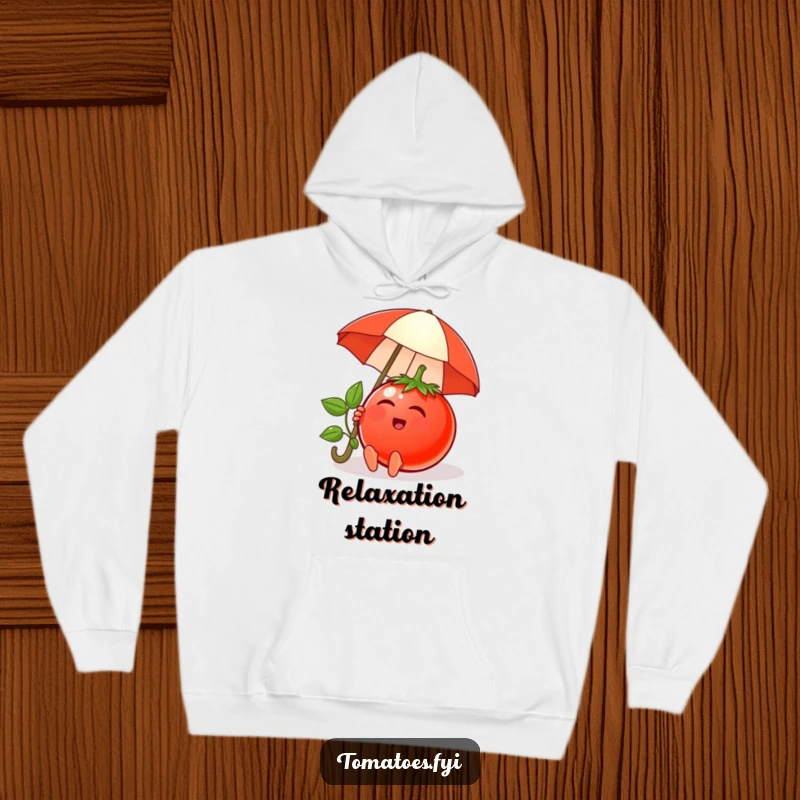 Funny hoodie featuring a content tomato character relaxing under a tiny umbrella, perfect for cozy days and chill vibes.