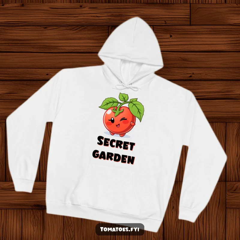 Funny hoodie featuring a winking tomato character playfully peeking from behind a leaf, radiating cozy, mischievous charm.