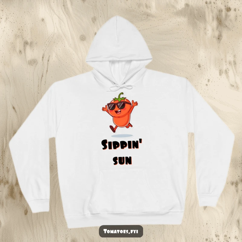 Funny hoodie featuring a cool tomato character in sunglasses mid-playful jump, offering cozy comfort and vibrant energy.