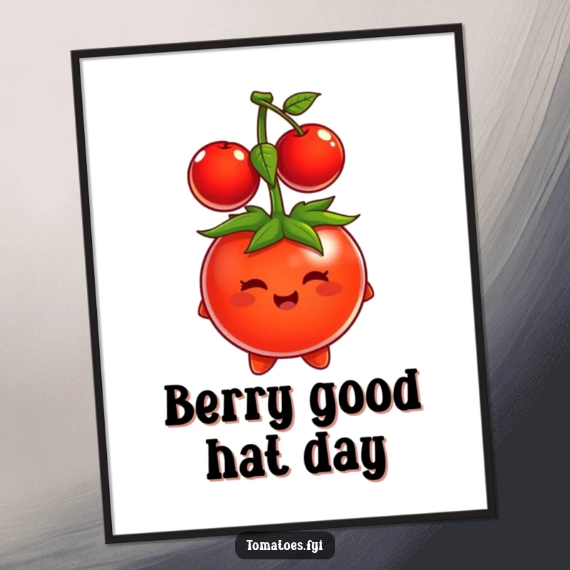 Funny Free Printable Wall Art: A cartoon tomato comically tries to wear a tiny cherry as a hat, looking utterly confused.
