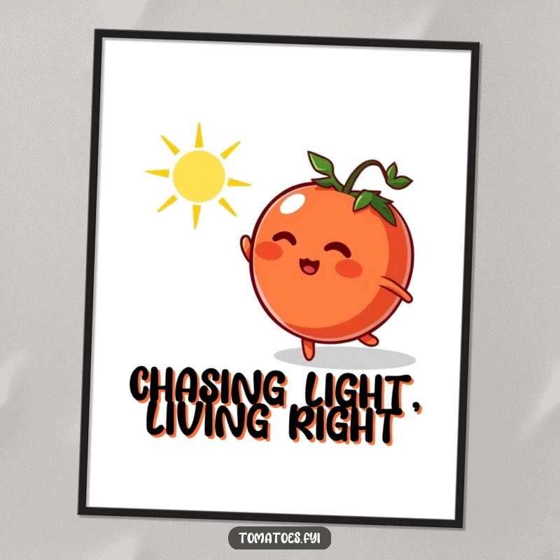 Funny Free Printable Wall Art: A whimsical tomato character energetically chasing a dancing sunbeam, bringing playful energy and bright humor to any room.