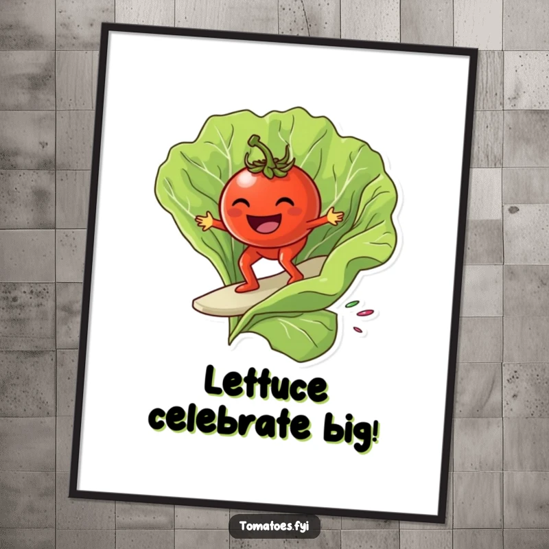 Funny Free Printable Wall Art: A grinning tomato surfs a giant lettuce leaf, creating a humorous and cool downloadable art piece.