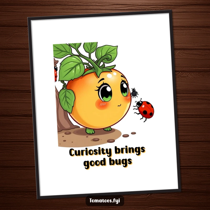 Funny Free Printable Wall Art: Curious tomato character sniffing a ladybug with wide eyes, a charming and whimsical art piece.