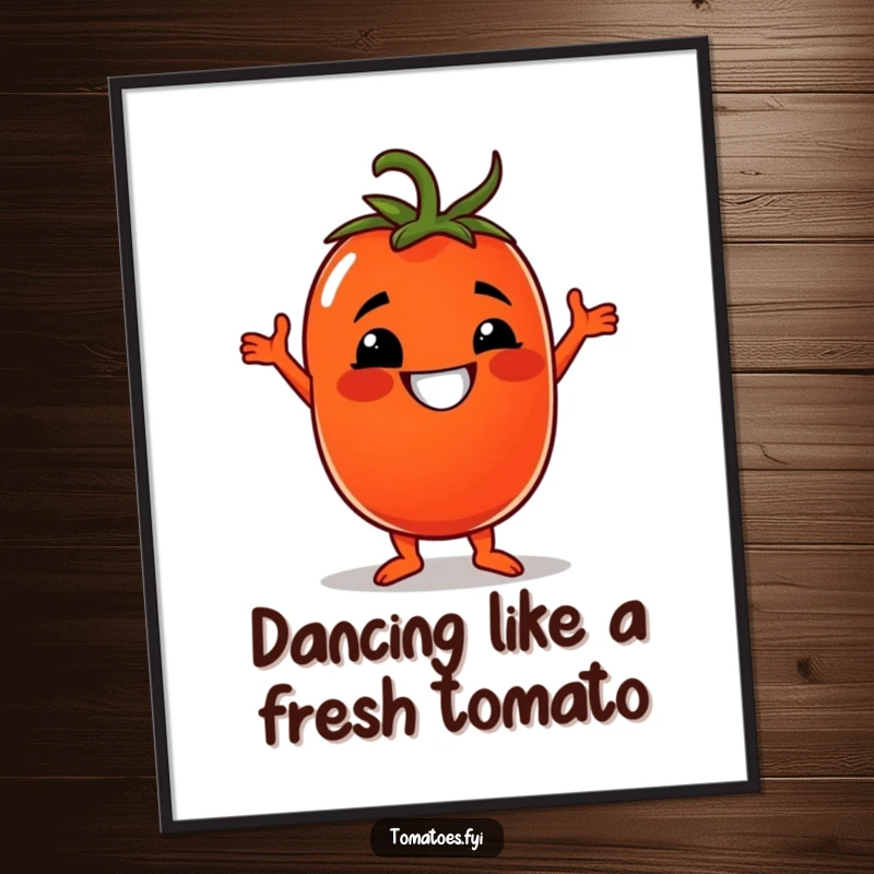 Funny Free Printable tomato wall art, a grinning tomato character busting out a silly disco dance move.