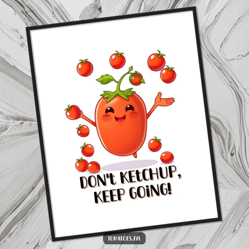 Funny Free Printable Wall Art: A happy tomato character skillfully juggling small cherry tomatoes, a vibrant and humorous piece of downloadable art.