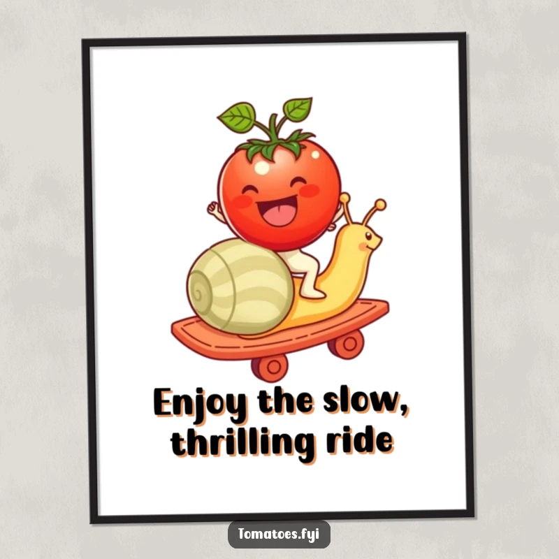 Funny Free Printable Wall Art: Tomato character riding a snail like a thrilling rollercoaster, a humorous and whimsical piece of decor.