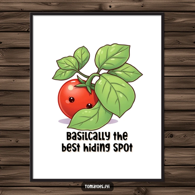 Funny Free Printable Wall Art: Shy tomato peeking from behind a large basil leaf, conveying bashfulness and humor.