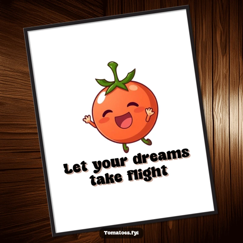 Funny free printable wall art: A happy tomato character playfully soaring and drifting on a gentle, invisible breeze.