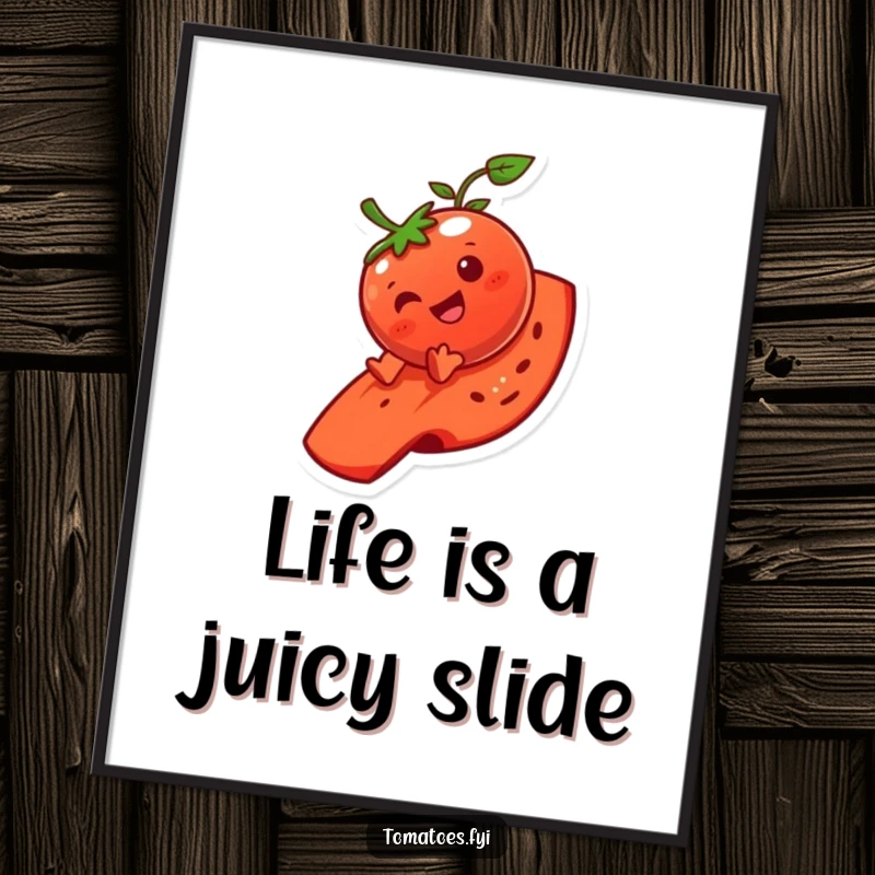 Funny Free Printable Wall Art: A giggling tomato character slides down a tomato slice, bringing cartoonish fun to decor.