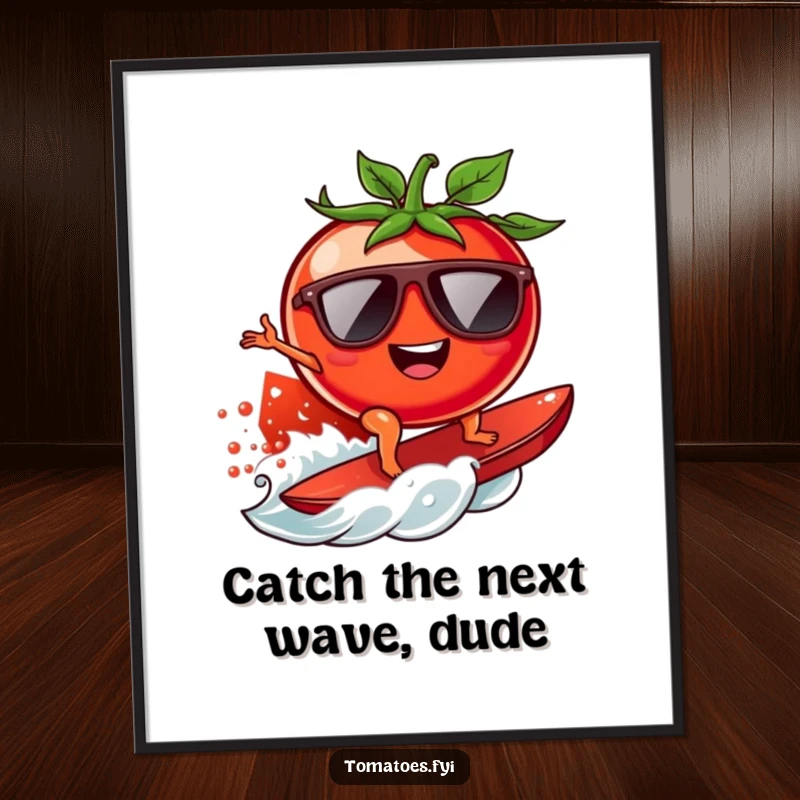 Funny Free Printable Wall Art depicting a cool tomato character in sunglasses riding a juicy tomato wave with a sense of awesome adventure.