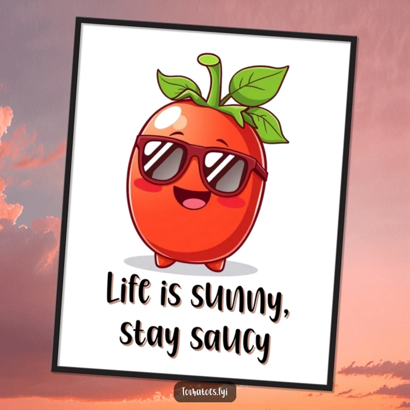 Funny Free Printable Wall Art of a beaming tomato character wearing sunglasses on a sunny day, radiating cool summer vibes.
