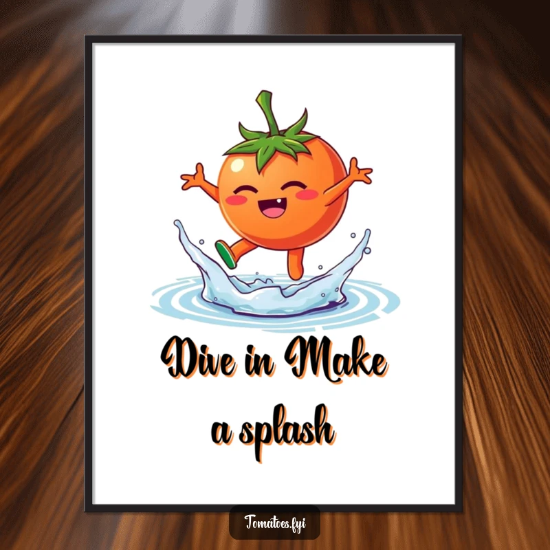 Funny Free Printable Wall Art: A happy tomato leaping into a water splash, bringing playful energy to decor.