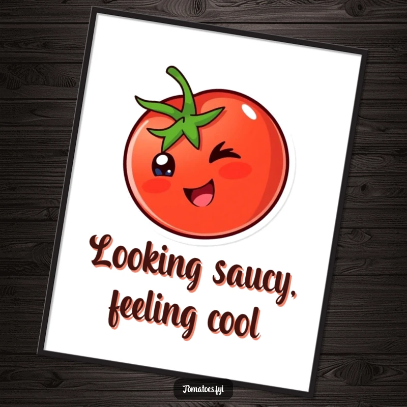 Funny Free Printable Wall Art: A happy tomato character looking mischievous and winking.