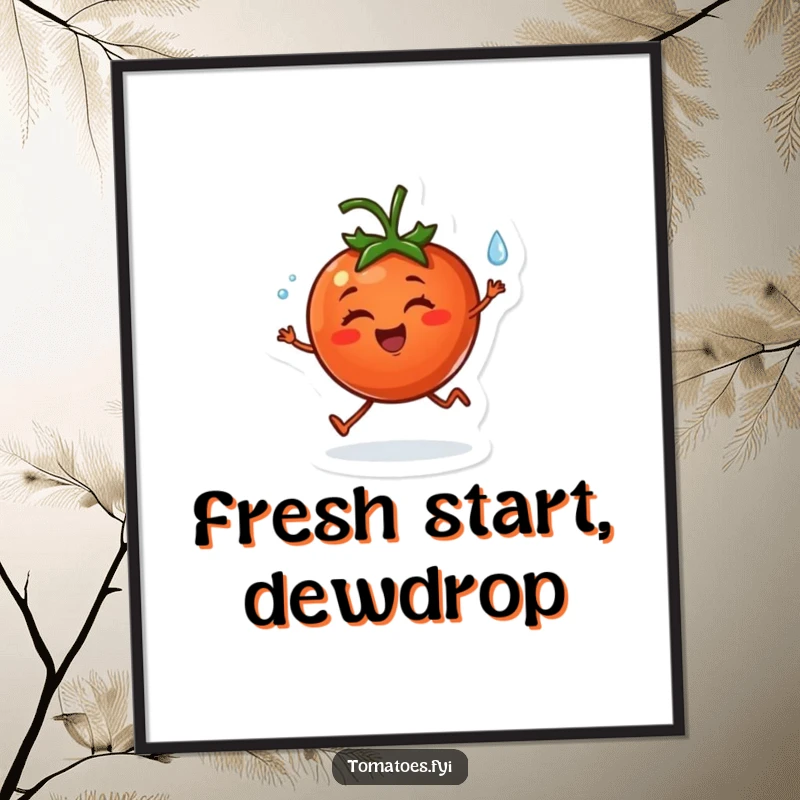 Funny Free Printable Wall Art: Cheerful tomato character happily skipping with a dewdrop, joyful downloadable decor.