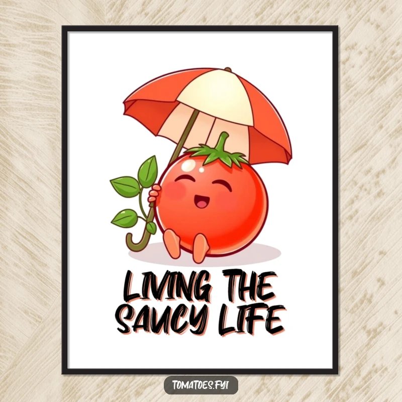 Funny Free Printable tomato wall art, a content tomato character relaxing peacefully under a tiny umbrella.