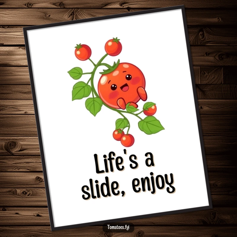Funny Free Printable Wall Art of a blushing tomato character comically sliding down a vine, bringing humor to your decor.