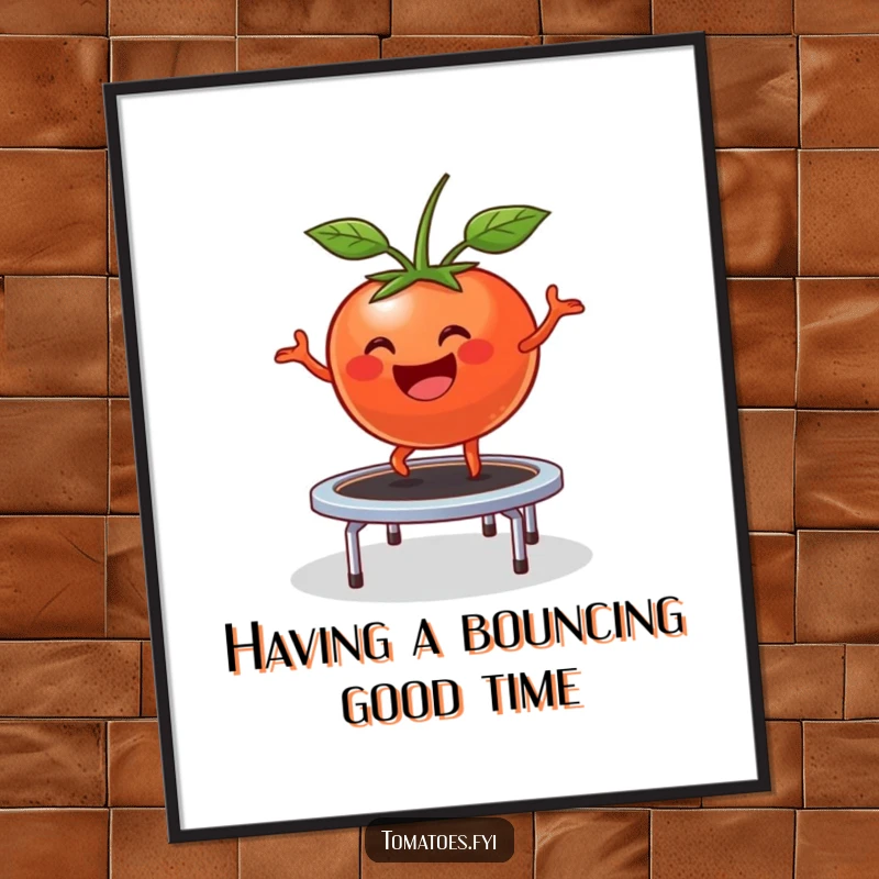 Funny Free Printable Wall Art: A happy tomato character comically bouncing high on a small trampoline, full of zest.