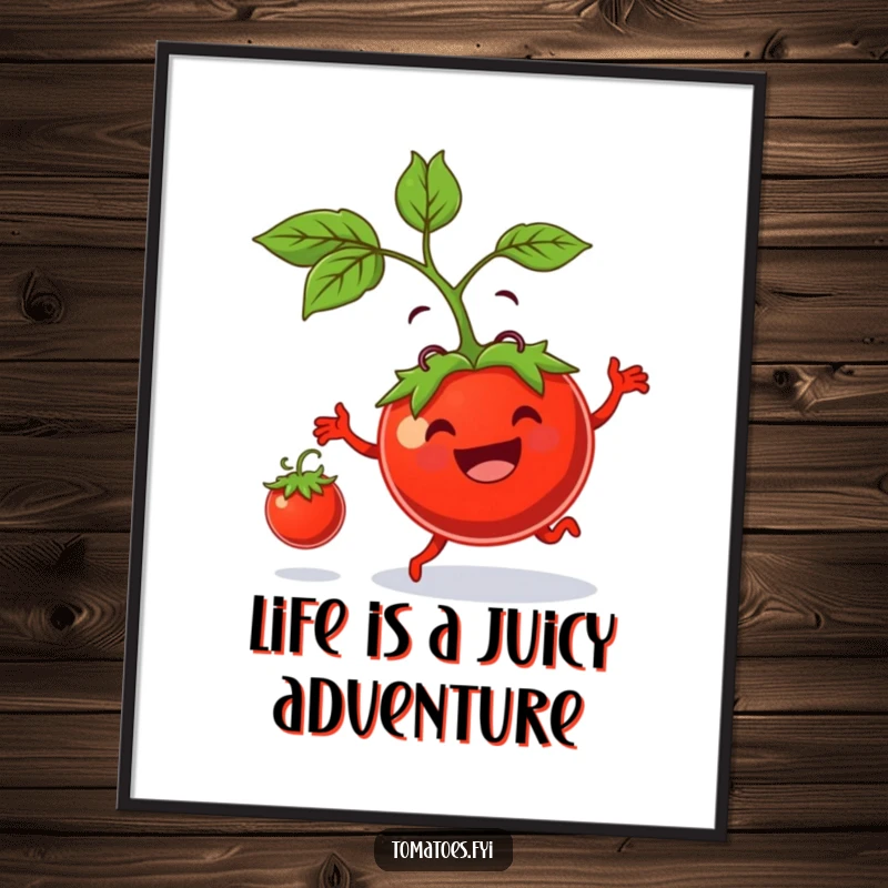 Funny Free Printable Wall Art: Grinning tomato charmer enthusiastically bouncing a small tomato, radiating happiness and quirky fun.