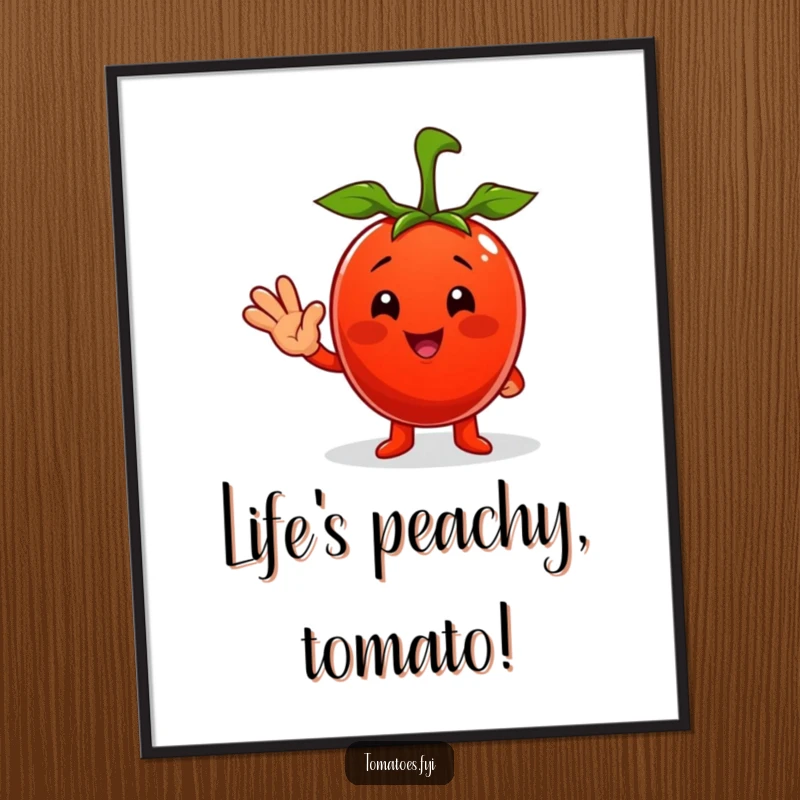Funny Free Printable Wall Art: A cheerful tomato character waves enthusiastically, adding a humorous and friendly touch to decor.