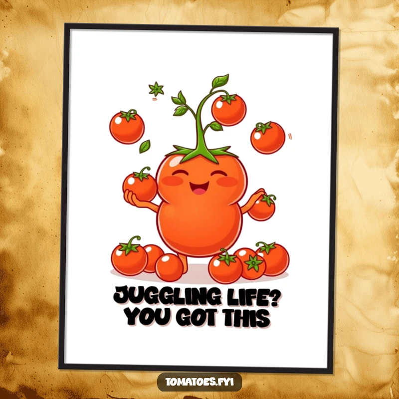 Funny Free Printable Wall Art depicting a giggling tomato character juggling a pile of cherry tomatoes with glee.