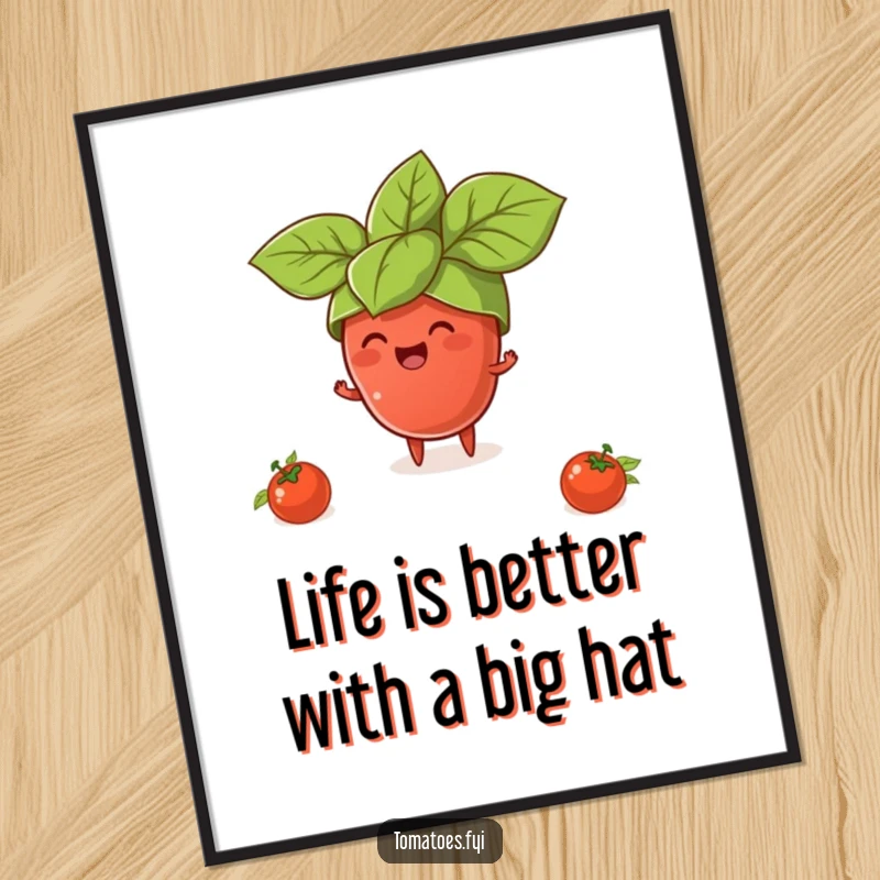 Funny Free Printable Wall Art: Tiny tomato character gleefully wearing a giant basil leaf hat, a whimsical and humorous kitchen or dining decor piece.