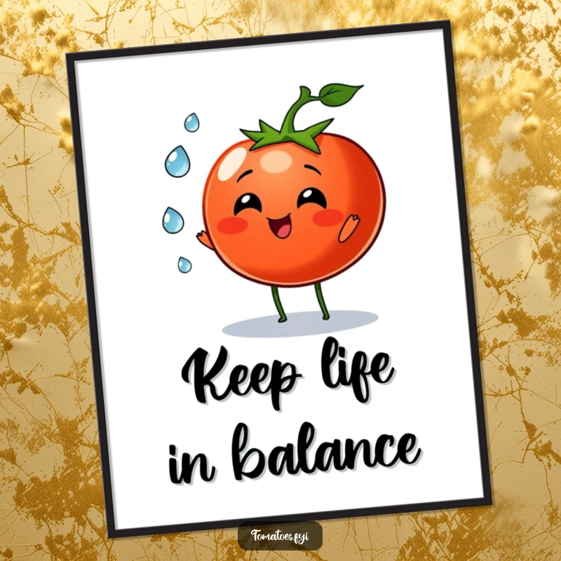 Funny Free Printable Wall Art: Tomato character joyfully juggling tiny dew drops, a whimsical and refreshing piece of decor.