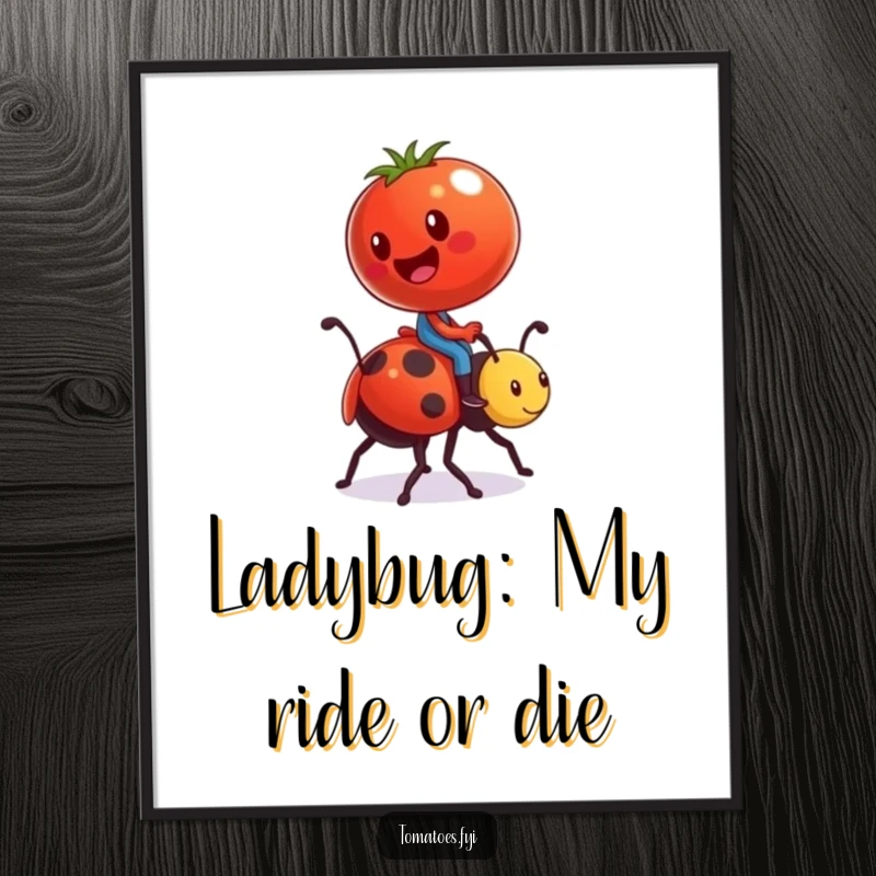 Funny Free Printable Wall Art: A tomato comically riding a ladybug like a tiny steed, bringing whimsical energy to any room.