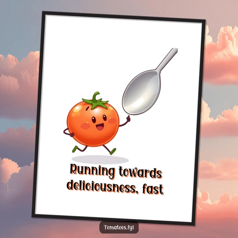 Funny Free Printable Wall Art: Tomato character with tiny legs excitedly sprinting towards a giant spoon, a humorous and dynamic kitchen decor piece.